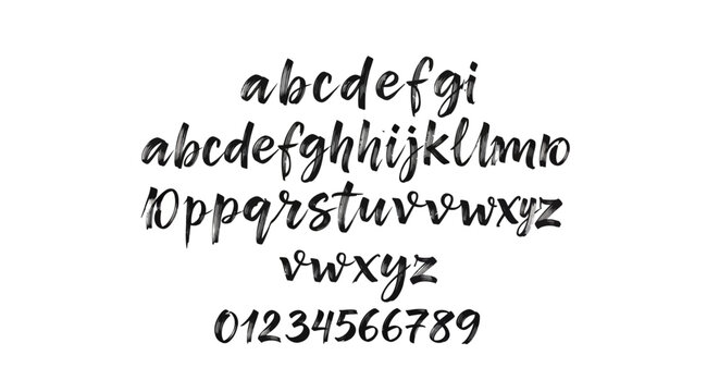 Handwritten alphabet and numbers on lined paper background.