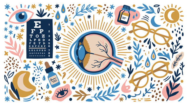 Eye health and vision care design icons with eye chart, glasses and iris for medical presentation in colorful illustration style