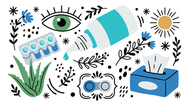 Medicine and healthcare design icons with eye drop, tissue box and contact lenses for print marketing in hand drawn style