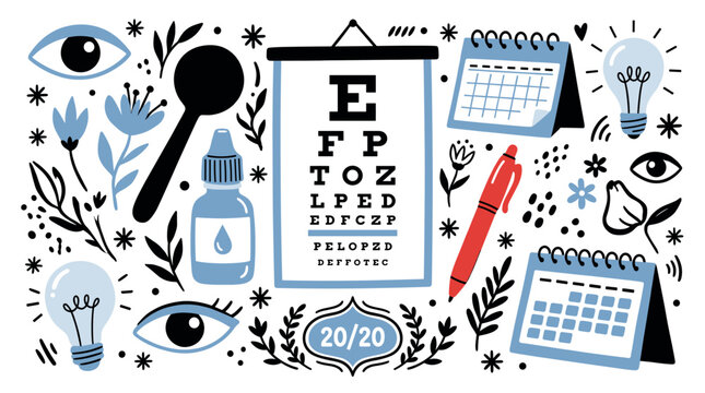 Vision and optometry vector icons with eye chart, eye drops and calendar for infographic design in minimal outline style