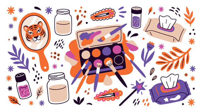 Beauty and makeup design icons with eyeshadow palette, mirror and brushes for presentation design in colorful doodle style