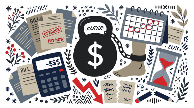 Finance and debt concept icons with calculator, bills and hourglass for financial infographic in colorful design