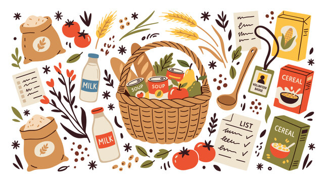 Food and grocery UI elements with basket, milk and cereal boxes for marketing design in colorful illustration