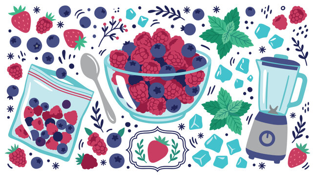 Mixed berries and smoothie concept icons with blender, ice cube and mint leaves for marketing design vector art