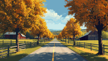 A picturesque country road lined with vibrant autumn trees leading to distant barns under a bright blue sky. © devi