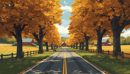 A picturesque country road lined with vibrant autumn trees leading to distant red barns under a clear blue sky. © devi
