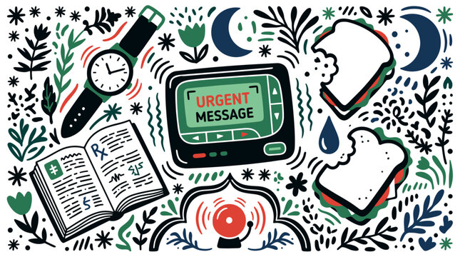 Urgent message and healthcare UI elements with pager, watch and sandwich for presentation design in minimal doodle style