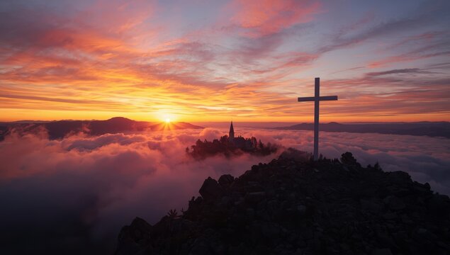 2024 and 2023 on the mountain at sunset with a white cross backdrop.