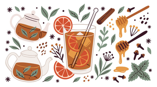 Tea and natural ingredients vector icons with teapot, iced tea glass and honey dipper for branding design in flat style