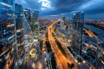 Obraz premium Modern city skyline at dusk with illuminated skyscrapers and roads