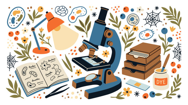 science and microbiology UI elements with microscope, bacteria and lamp for presentation infographic design