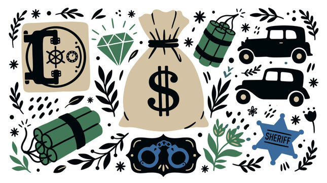 Crime and robbery concept icons with money bag, handcuffs and sheriff star for presentation design in flat illustration style