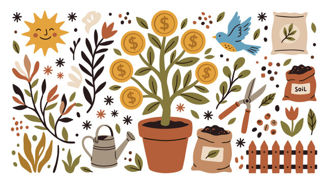 gardening and financial growth design icons with potted money tree, pruning shears and watering can for infographic design in colorful illustration