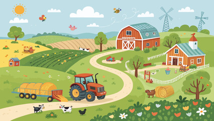 Fototapeta premium Vibrant illustrated children's farm scene with tractor animals and windmills under sunny sky with lush greenery under bright whimsical