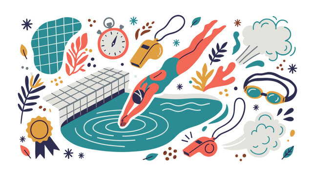 Swimming and sports concept icons with diver, whistle and stopwatch for mobile app design in minimal drawn style