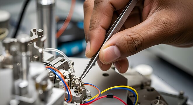 Scientist's hand using tweezers in laboratory setting