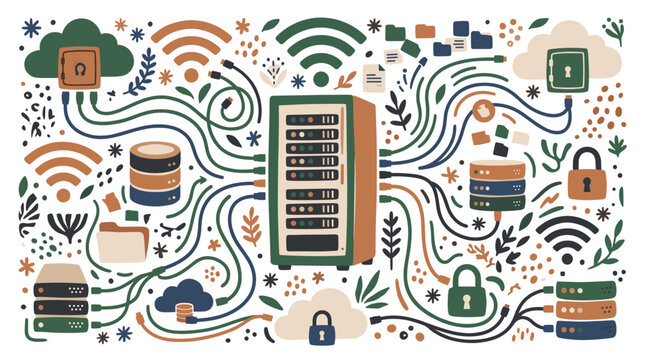 Cloud computing and data security concept icons with servers, locks and wifi signals for web design in hand drawn style