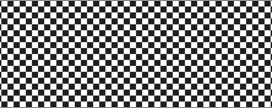 Black and white checkerboard pattern background. Classic checkered grid texture for racing flag, chess board, or retro design layout. Vector illustration banner.