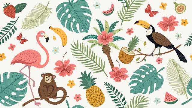 Vibrant tropical themed hand drawn vector pattern featuring wildlife fruits and floral elements in bright pastel colors with watermelon