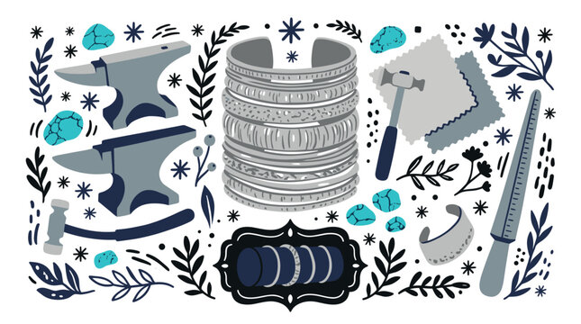 Jewelry and crafting concept icons with bracelets, anvil and hammer for branding design in hand drawn doodle style