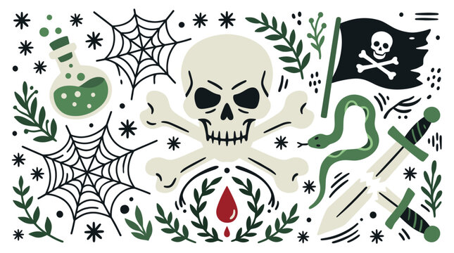 Halloween and pirate theme concept icons with skull, sword and poison flask for web design in doodle style