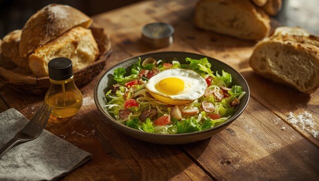A bowl of lyonnaise salad for lunch.