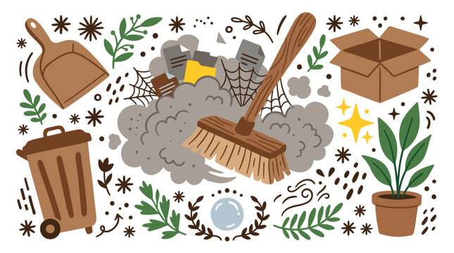 Cleaning and storage vector icons with broom, dustpan and trash bin for home organization in colorful illustration