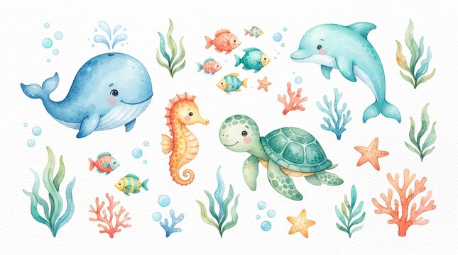 Cute watercolor ocean animals, a charming collection of marine life illustrations. Adorable whale, dolphin, sea turtle, seahorse, and fish, perfect for children's designs and aquatic themes.