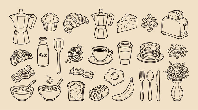 Breakfast Kitchen Food Icon Set Vector for Cafe Menu and Bakery Designs