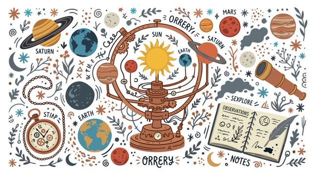 Space and astronomy concept icons with planets, orrery and telescope for presentation design in hand drawn style
