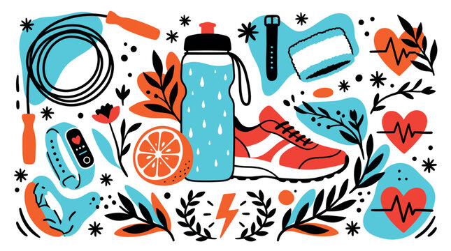 Fitness and health concept icons with running shoe, water bottle and heart monitor for branding design in colorful illustration
