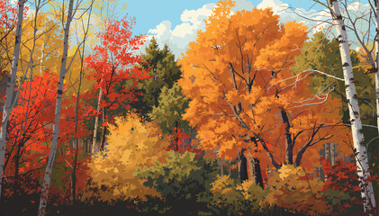 Fototapeta premium A picturesque autumn forest scene showcasing a vibrant array of red, orange, and yellow foliage under a clear blue sky.