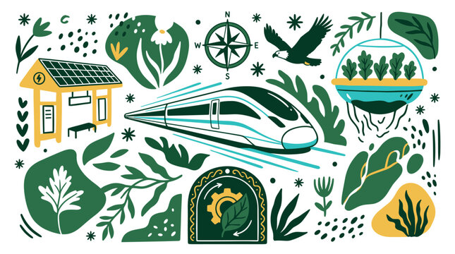 Ecology and sustainable transport vector icons with train, solar panel and leaf for branding design in minimal colorful style