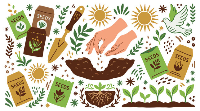 Gardening and planting UI elements with seeds, soil and hands for branding design in colorful vector art
