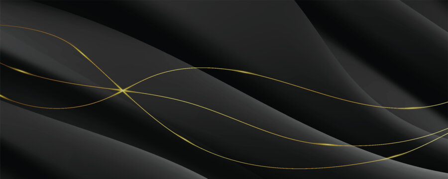 Abstract luxury black wave background with elegant shiny golden lines and sparkles. Dark premium gradient backdrop vector illustration for banner, certificate, or invitation design.