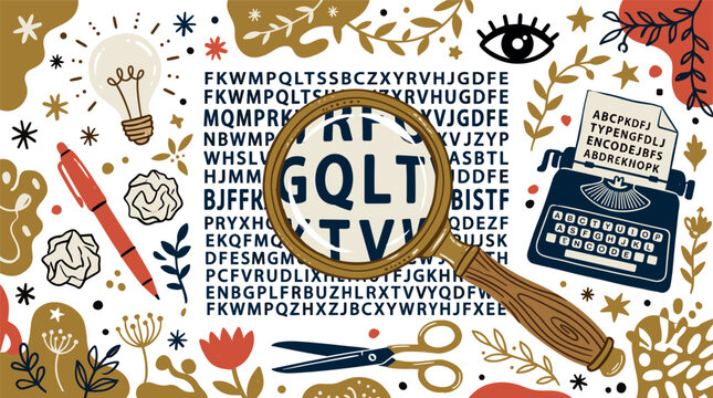 Writing and research concept icons with magnifying glass, typewriter and pen for creative presentation in colorful illustration