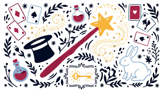 magic and illusions concept icons with magic wand, rabbit and playing cards for presentation design in flat colorful style