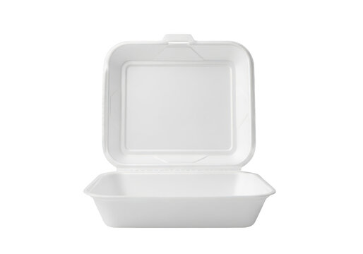 Empty white styrofoam clamshell takeout food container with styrofoam