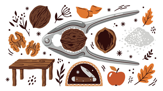 Autumn and kitchen concept icons with nutcracker, walnuts and apple for cooking illustration design