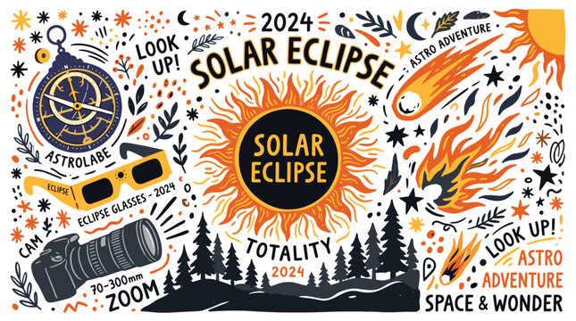 Solar eclipse and astronomy UI elements with sun, camera and eclipse glasses for infographic design in vibrant doodle style