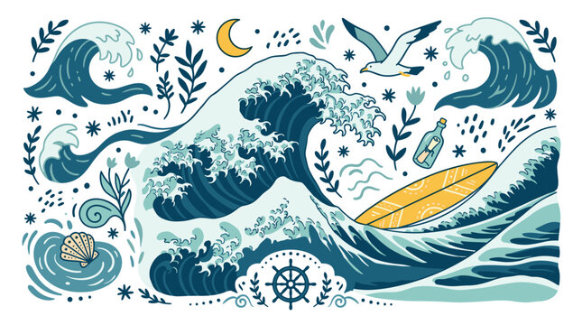 Ocean and nature concept icons with big wave, seagull and surfboard for infographic in hand drawn illustration