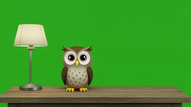 Cute owl figure with lamp on shelf during soft studio lighting with chroma key background for motion graphics