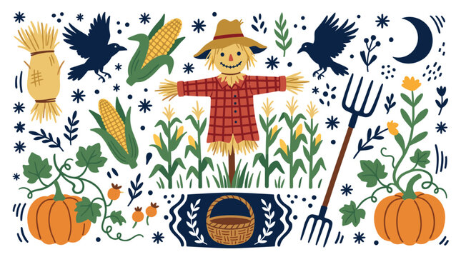 Harvest and autumn vector icons with scarecrow, pumpkins and corn for infographic design in colorful hand drawn style