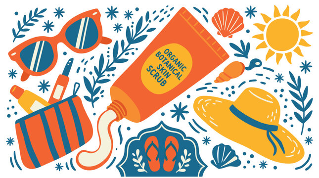 Summer and skincare vector icons with sunglasses, sunscreen tube and hat for mobile app design in colorful icons