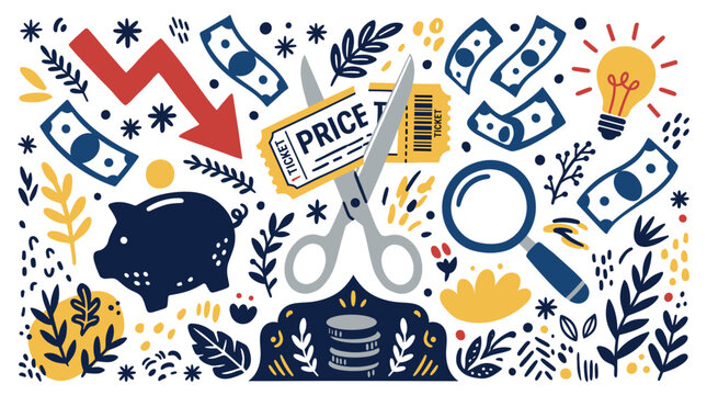 Finance and savings concept icons with piggy bank, scissors and money for infographic design in colorful illustration