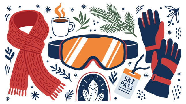 Winter and skiing vector icons with scarf, goggles and gloves for presentation design in colorful illustration style