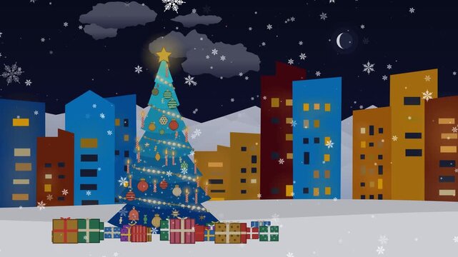festive blue Christmas tree against snowy abstract city skyline, xmas presents and snowflakes around, loopable animation