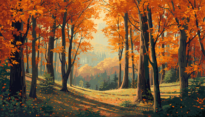 Vibrant autumn forest scene with a sunlit path winding through trees ablaze with orange and yellow foliage. © devi