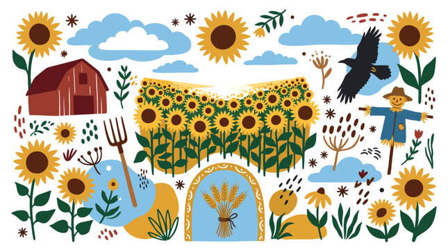 Agriculture and nature design icons with sunflower field, barn and scarecrow for infographic design in colorful illustration style