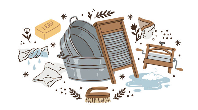 Vintage laundry and washing concept icons with washboard, basin and soap for infographic design in doodle illustration